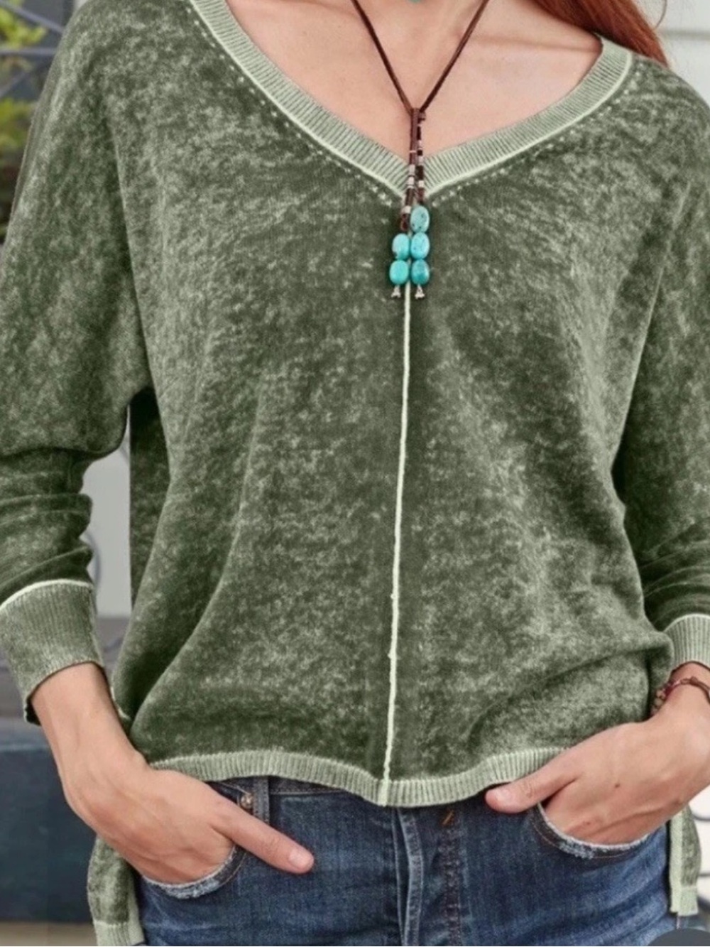 BOGO! Sundance Cece Cotton V-neck Fadeout Seamed Sweater Olive Green Medium